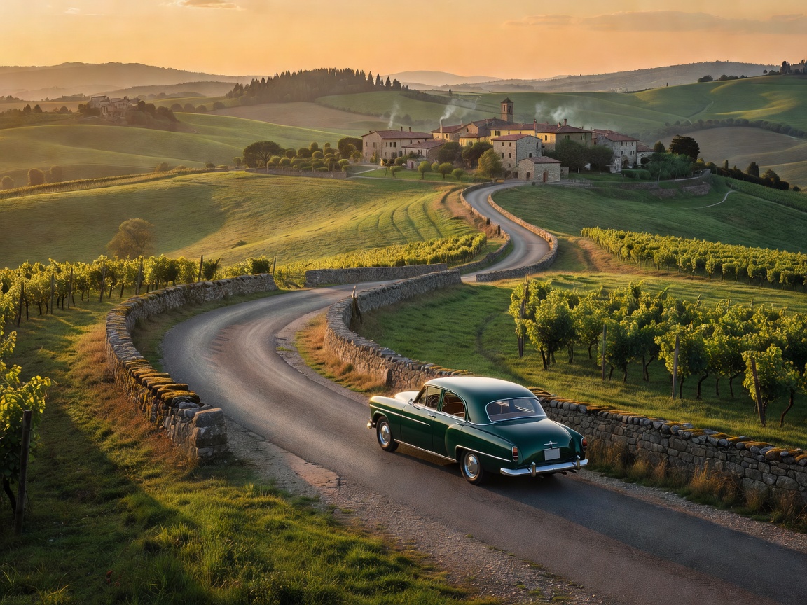 Car on a road crossing a European landscape