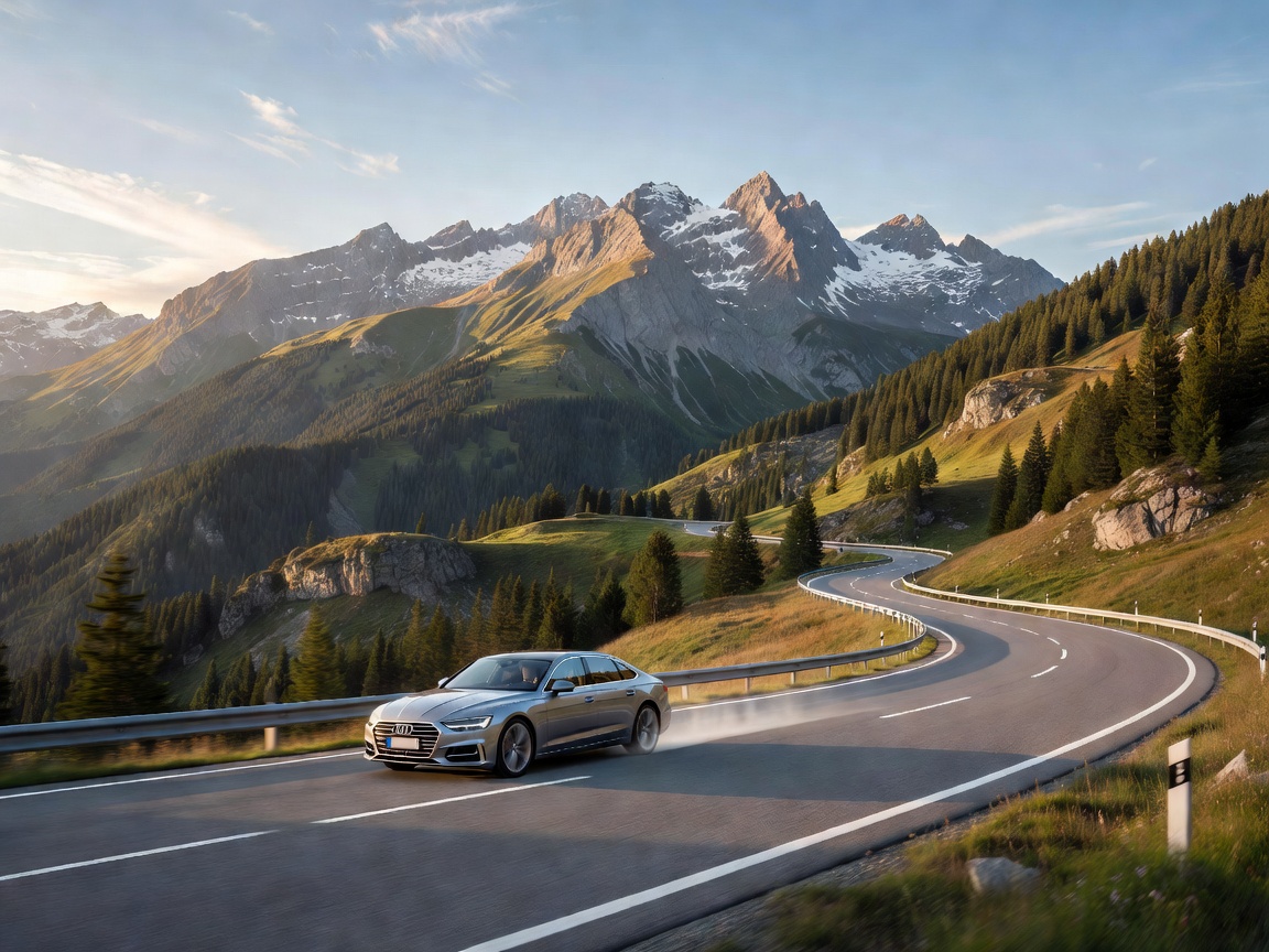 Car travelling on a European highway beside a mountainous landscape