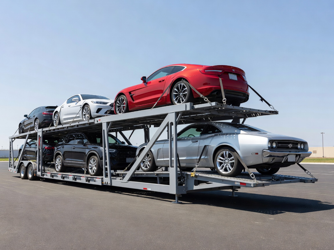 Cars secured on a professional vehicle transport trailer