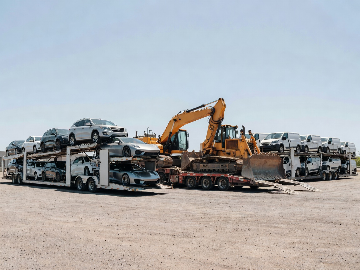 Vehicle transport trailers showing different carrier arrangements