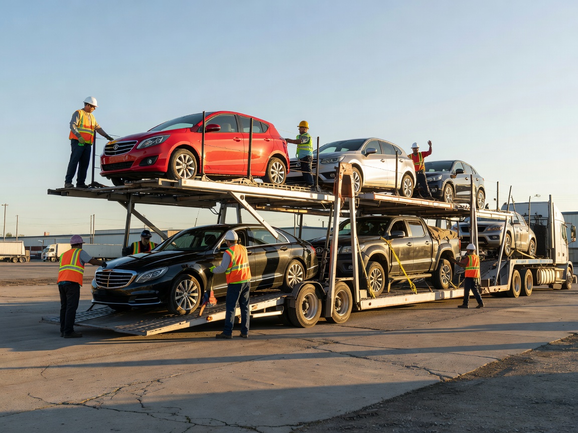 Vehicles being positioned for transport on a car carrier